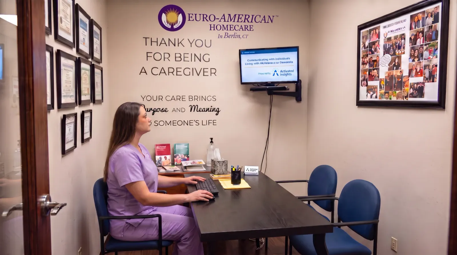 A Euro-American Homecare caregiver at the Berlin, CT office working through a dementia-communication training module